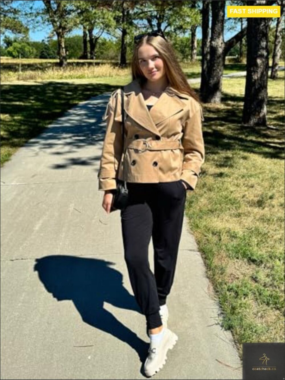 Cropped Trench Coat Double Breasted Short Jacket Windproof Belted Fall Fashion - Picture 3 of 7